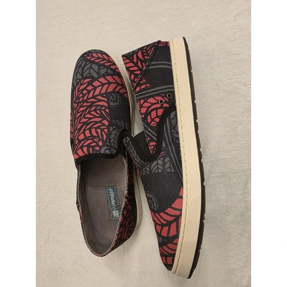 Olukai Kahu PowWow Slip On Shoes Mens 11.5 Red Black Leaf Canvas Loafers 10372